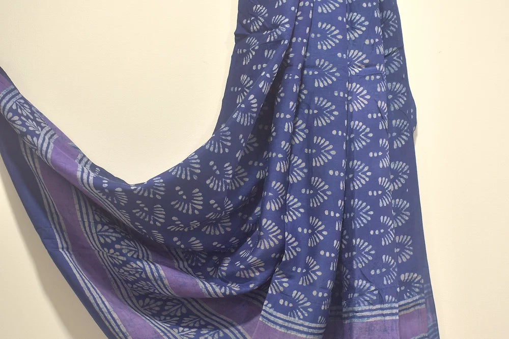 Indigo Butti Block Print Modal Silk Dupatta