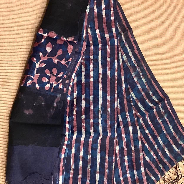 Block Print Stripe Pattern Pure Chanderi Dupatta