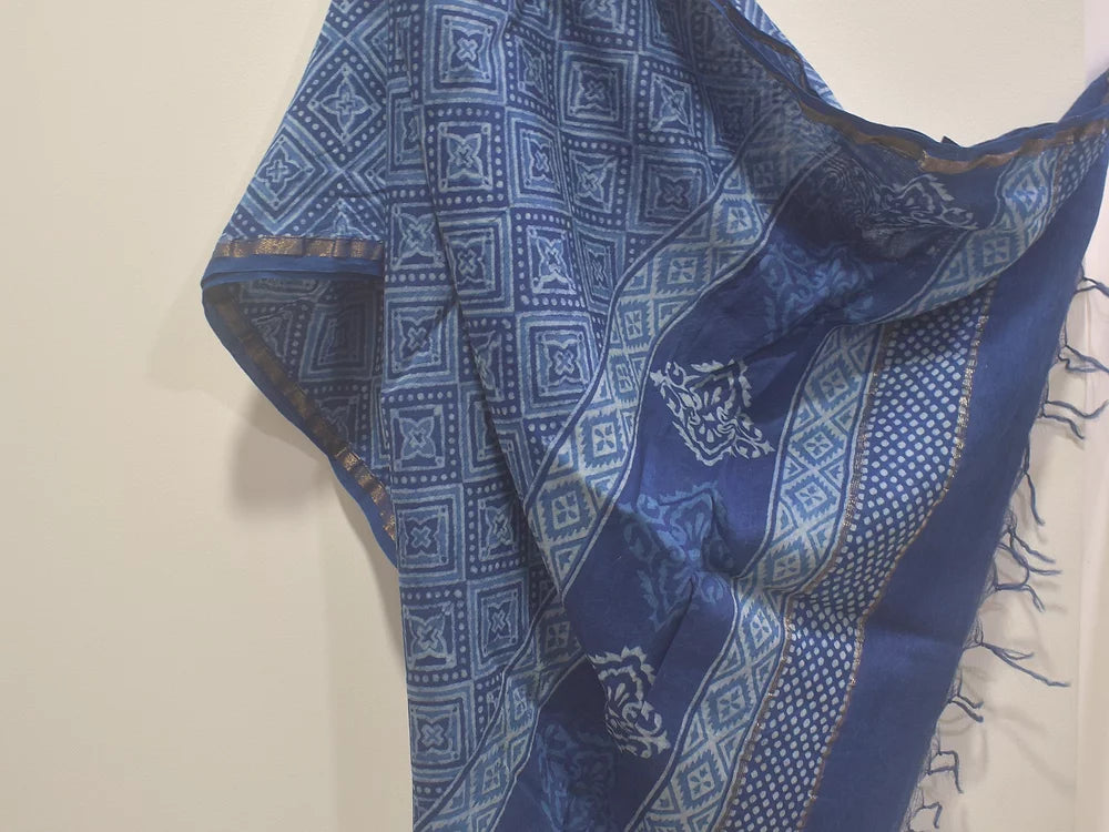 Indigo Jaal Block Print Chanderi Dupatta