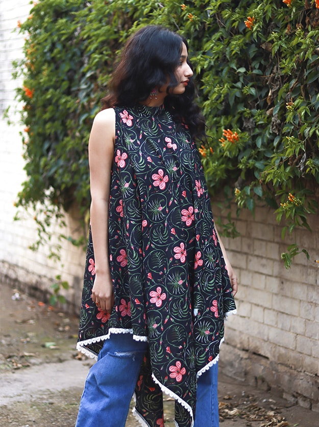 Black Pink Floral Kaftan
