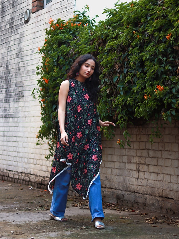 Black Pink Floral Kaftan