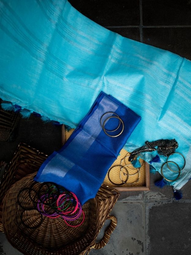 Sky Blue Handwoven Linen Saree