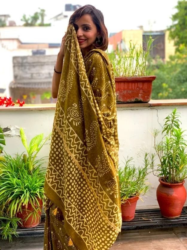 Mehendi Green Double Block Printed Mul Cotton Saree