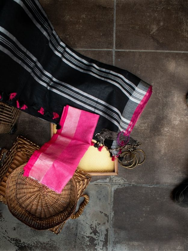 Black Handwoven Linen Saree