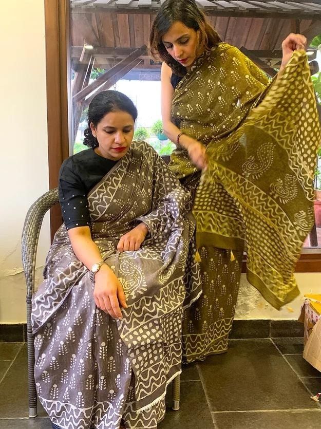 Mehendi Green Double Block Printed Mul Cotton Saree