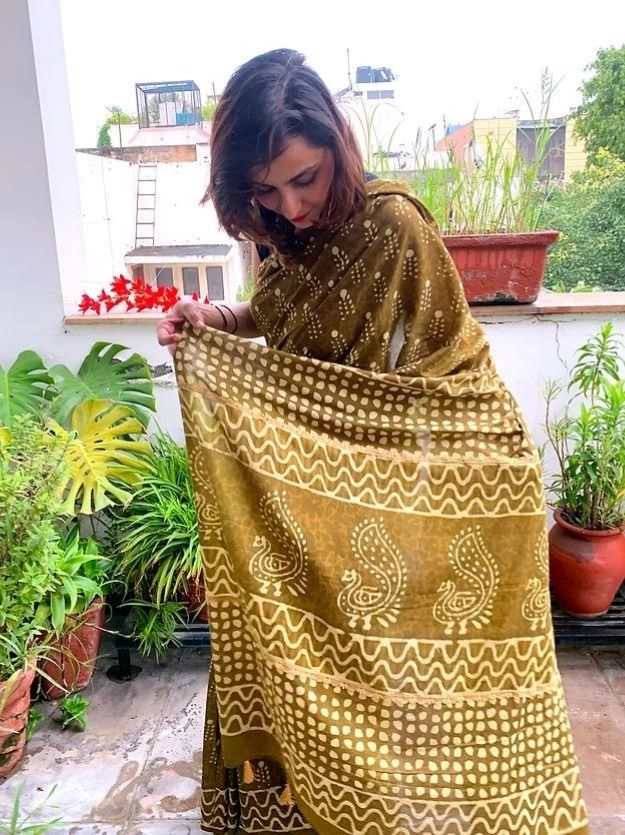 Mehendi Green Double Block Printed Mul Cotton Saree