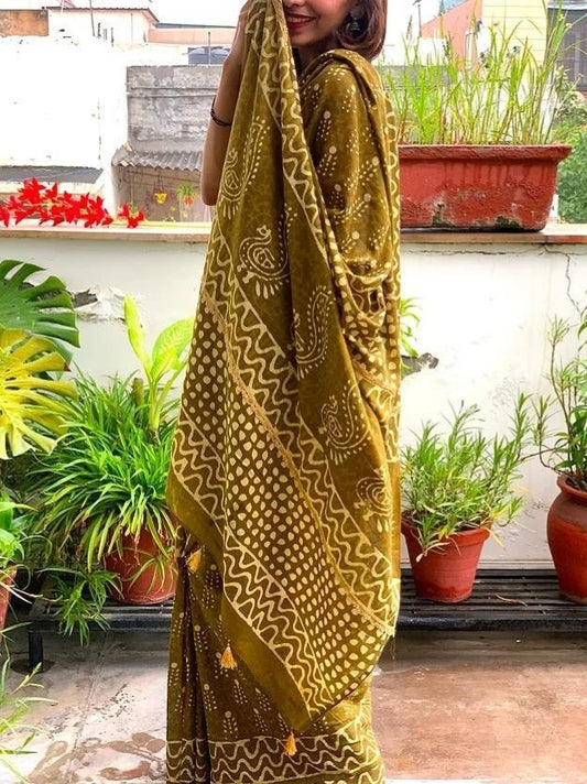 Mehendi Green Double Block Printed Mul Cotton Saree