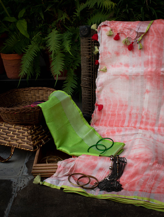 Red White Linen Shibori Saree