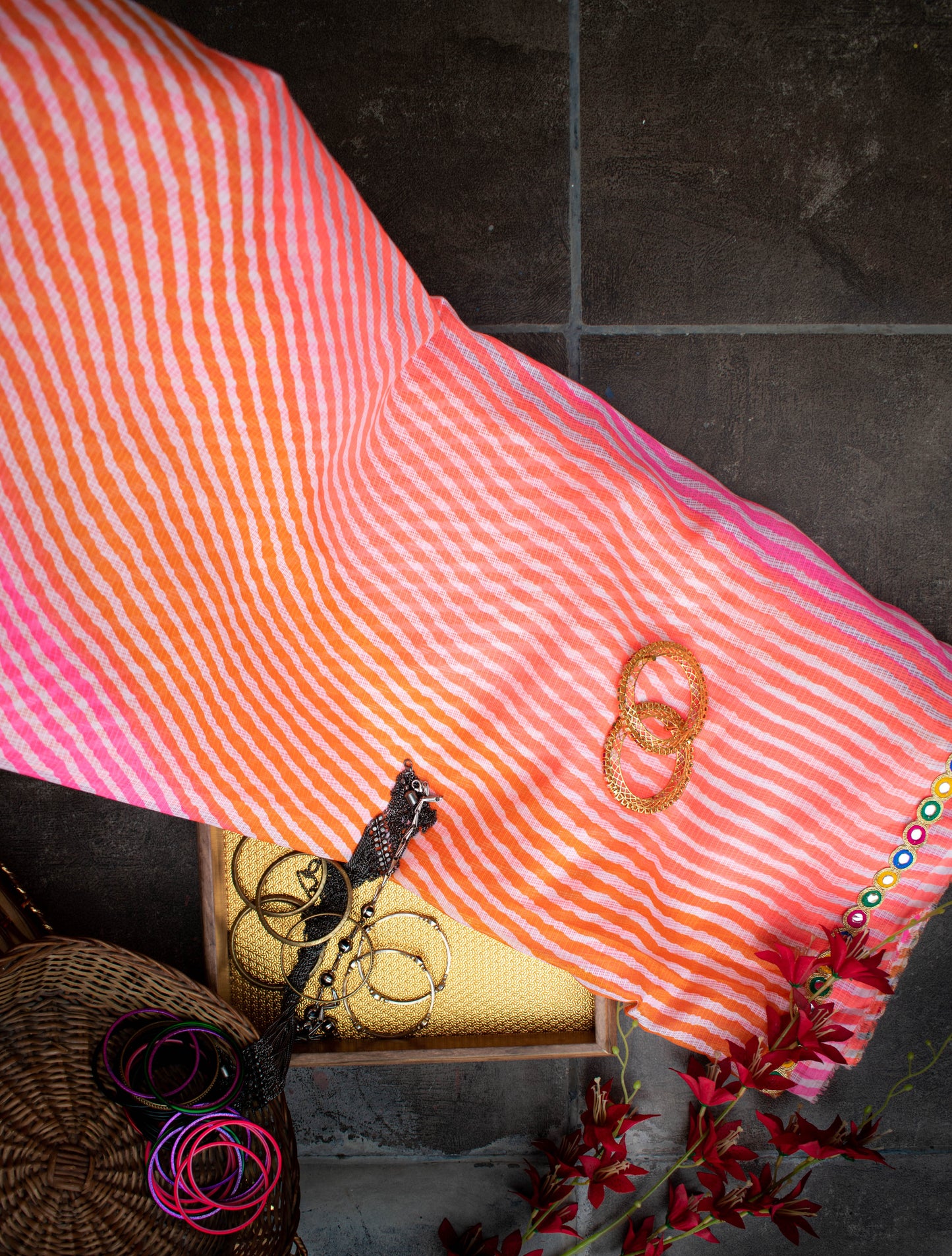 Pink Orange Leheriya Saree