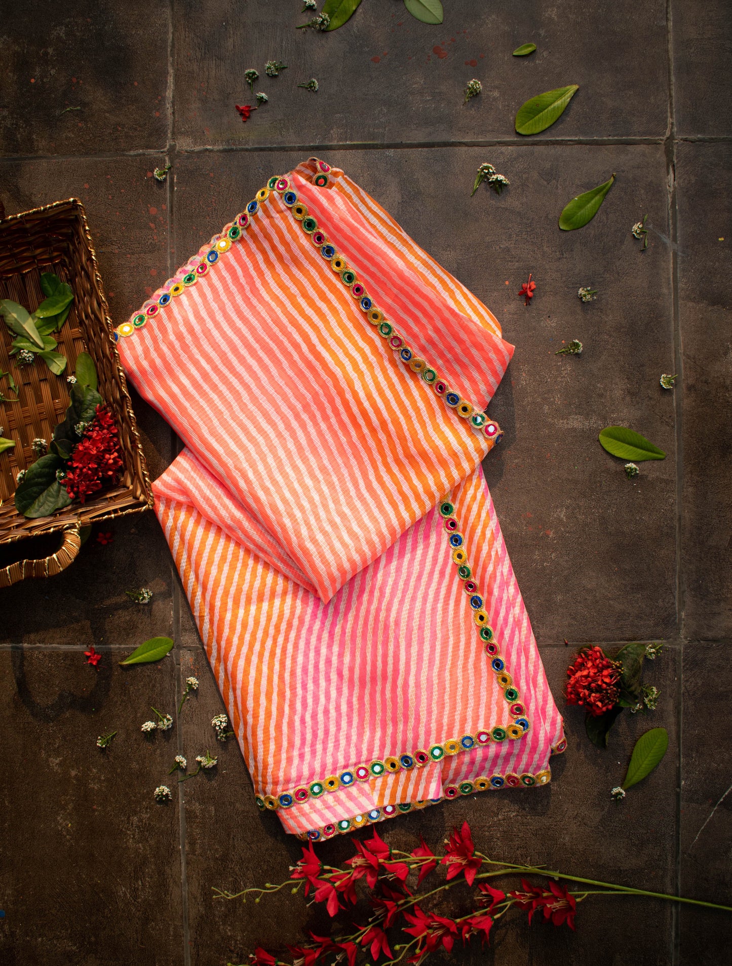 Pink Orange Leheriya Saree