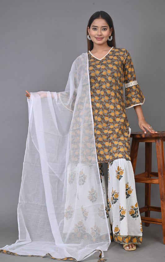 Block Printed Gharara Set (Set of 3)
