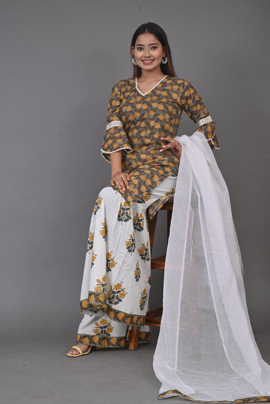 Block Printed Gharara Set (Set of 3)