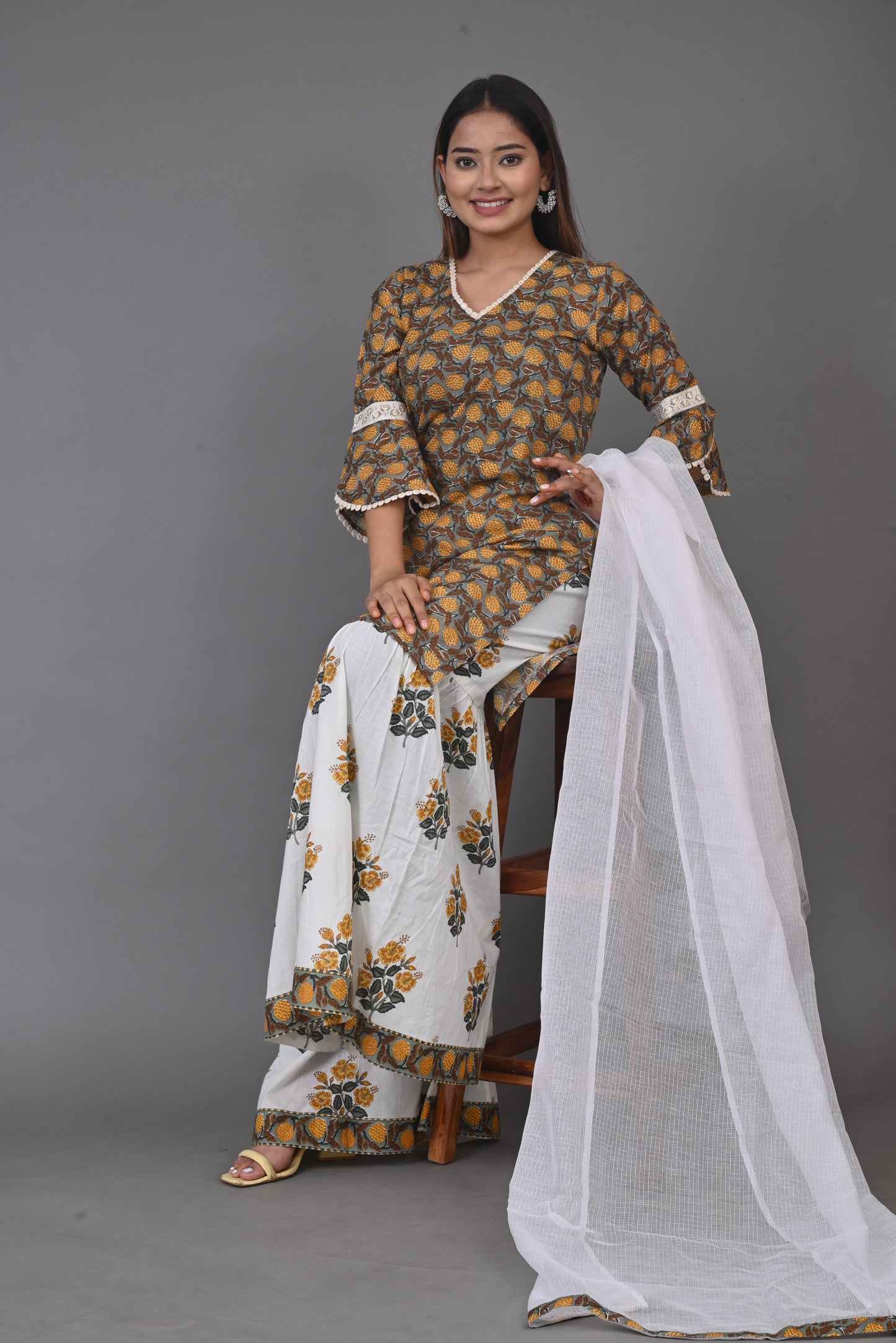Block Printed Gharara Set (Set of 3)