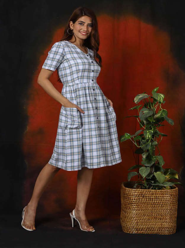 White Chequered Pleated Dress