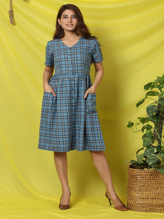 Grey Chequered Pleated Dress