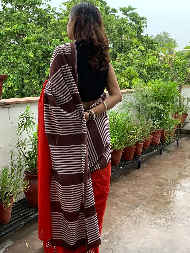 Red Stripe Mul Cotton Saree