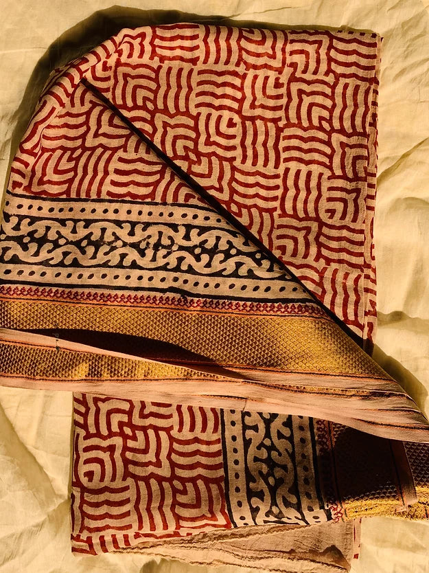 Rust Red Block Print Stole with Zari Border