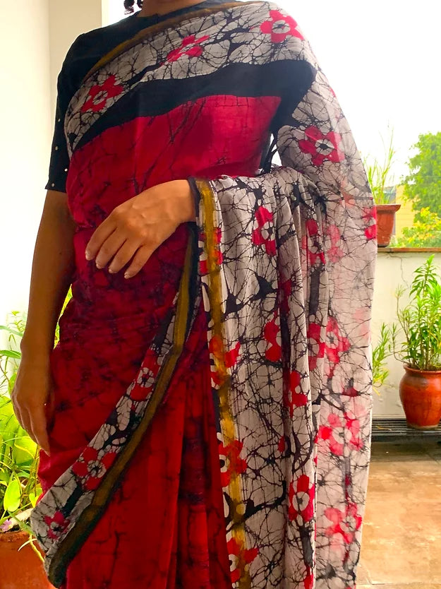 Red Black Double Block Prined Mul Cotton Saree