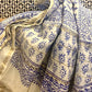 Block Printed (leaf) White and Blue Pure Chanderi Dupatta