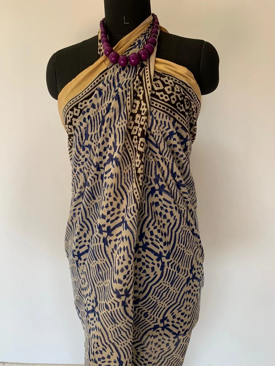 White and Blue Animal Print Cotton Stole