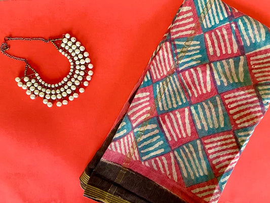 Handblock Print Check Stripe Dupatta