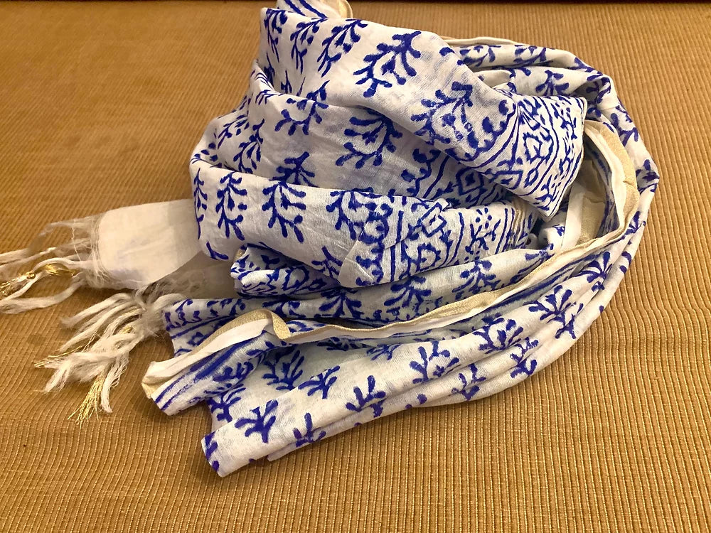 Block Printed (leaf) White and Blue Pure Chanderi Dupatta