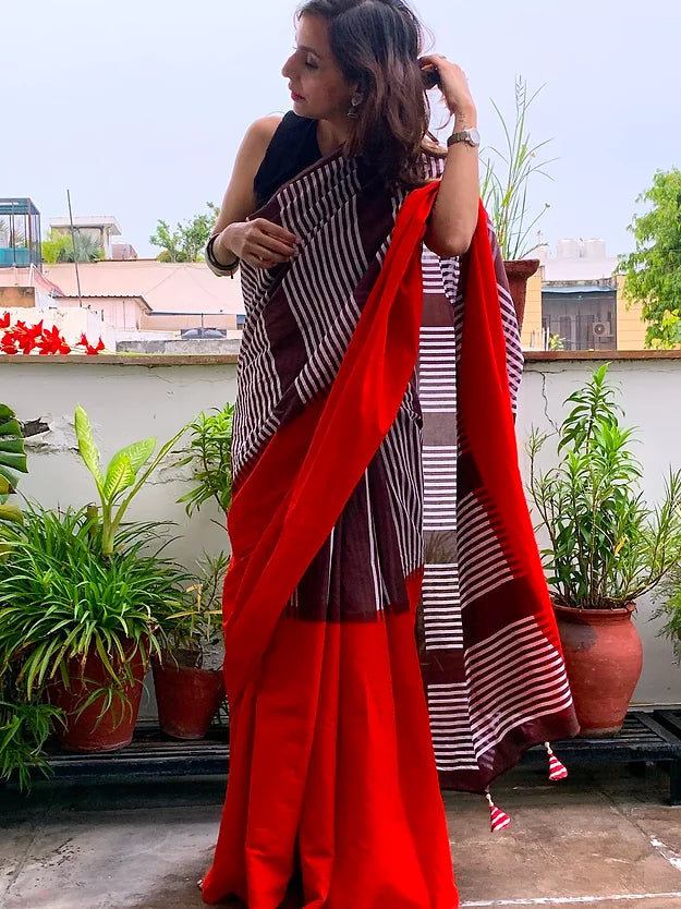 Red Stripe Mul Cotton Saree