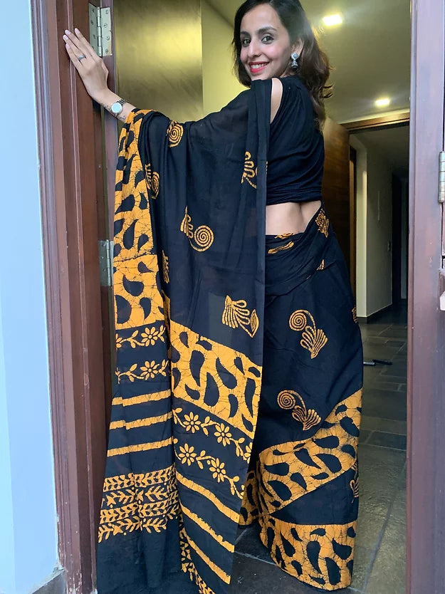 Yellow Motif Block Printed Mul Cotton Saree