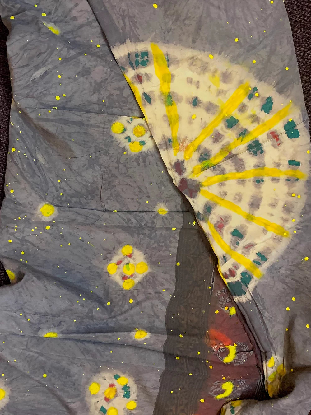 Yellow Grey Tie Dye Block Print Silk Dupatta