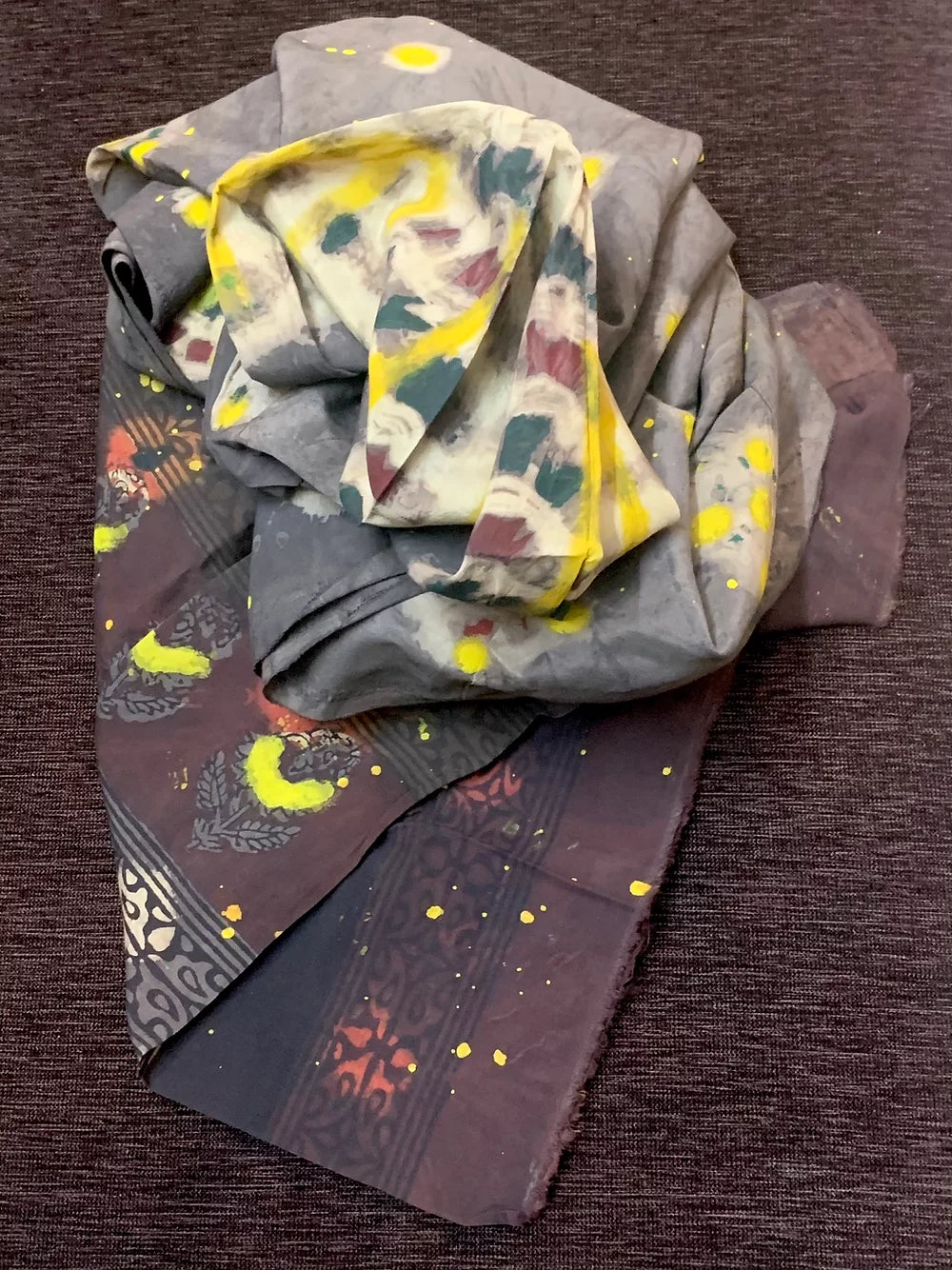 Yellow Grey Tie Dye Block Print Silk Dupatta