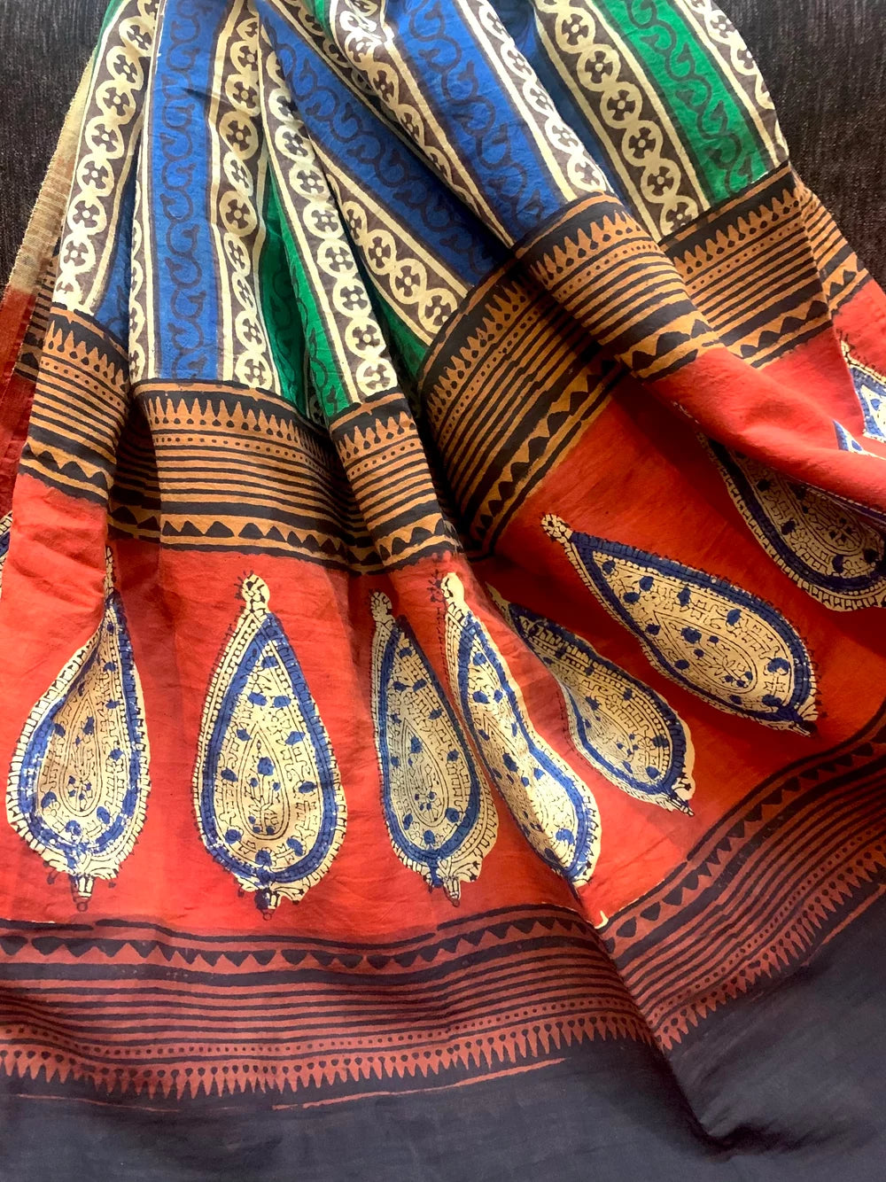 Multicolor Stripes Block Printed Silk Dupatta