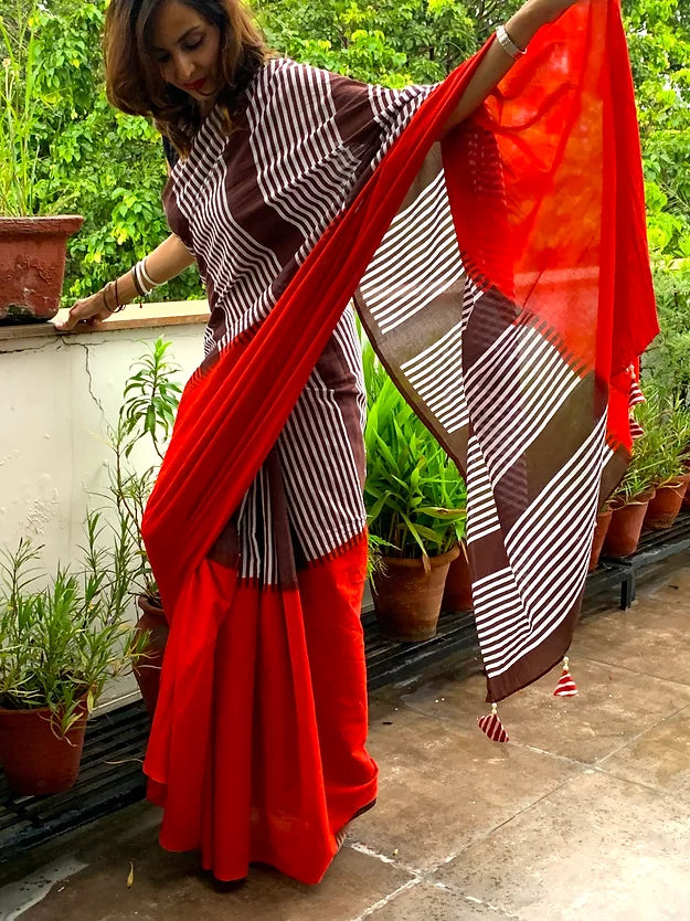 Red Stripe Mul Cotton Saree