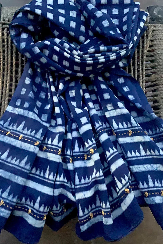 Indigo Square Check Block Print MulCotton Dupatta