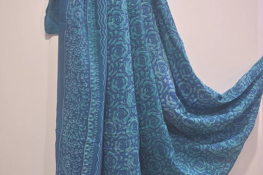 Green Rose Block Print Modal Silk Dupatta