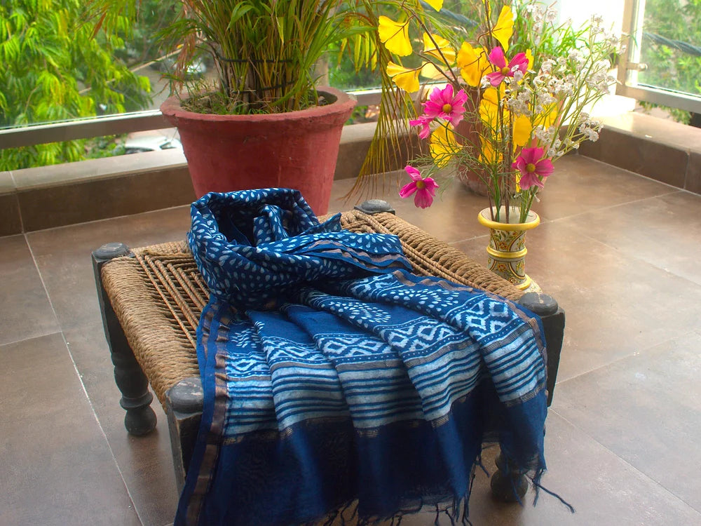 Indigo Drop Block Print Chanderi Dupatta