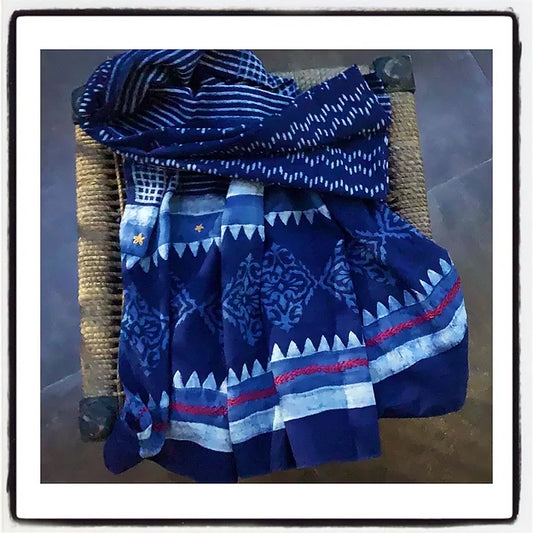 Indigo Wave Block Print MulCotton Dupatta