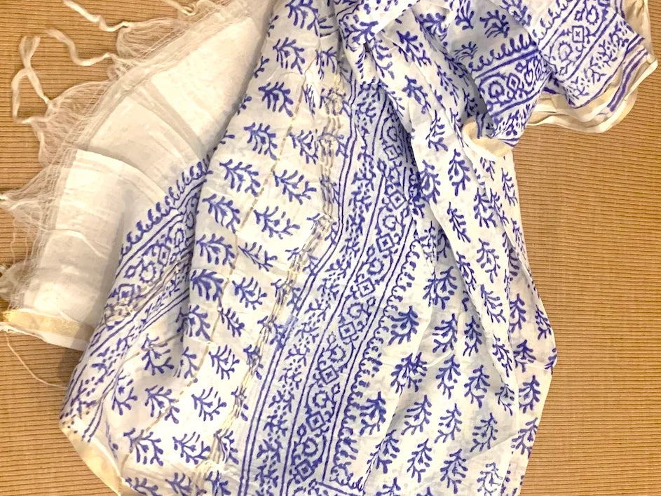Block Printed (leaf) White and Blue Pure Chanderi Dupatta