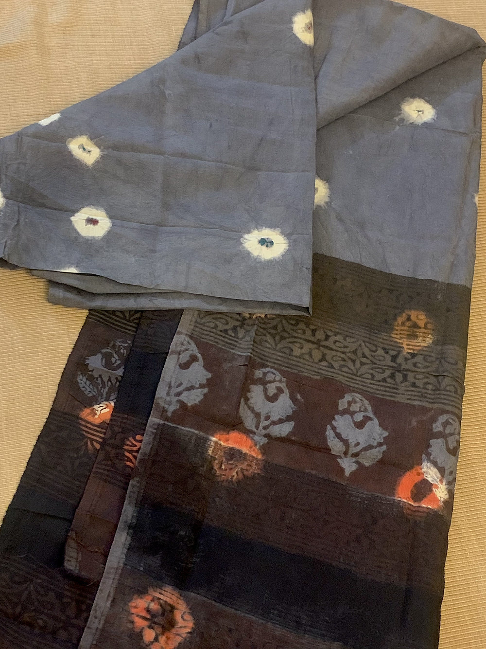 Rust Grey Tie DyeBlock Print Silk Dupatta