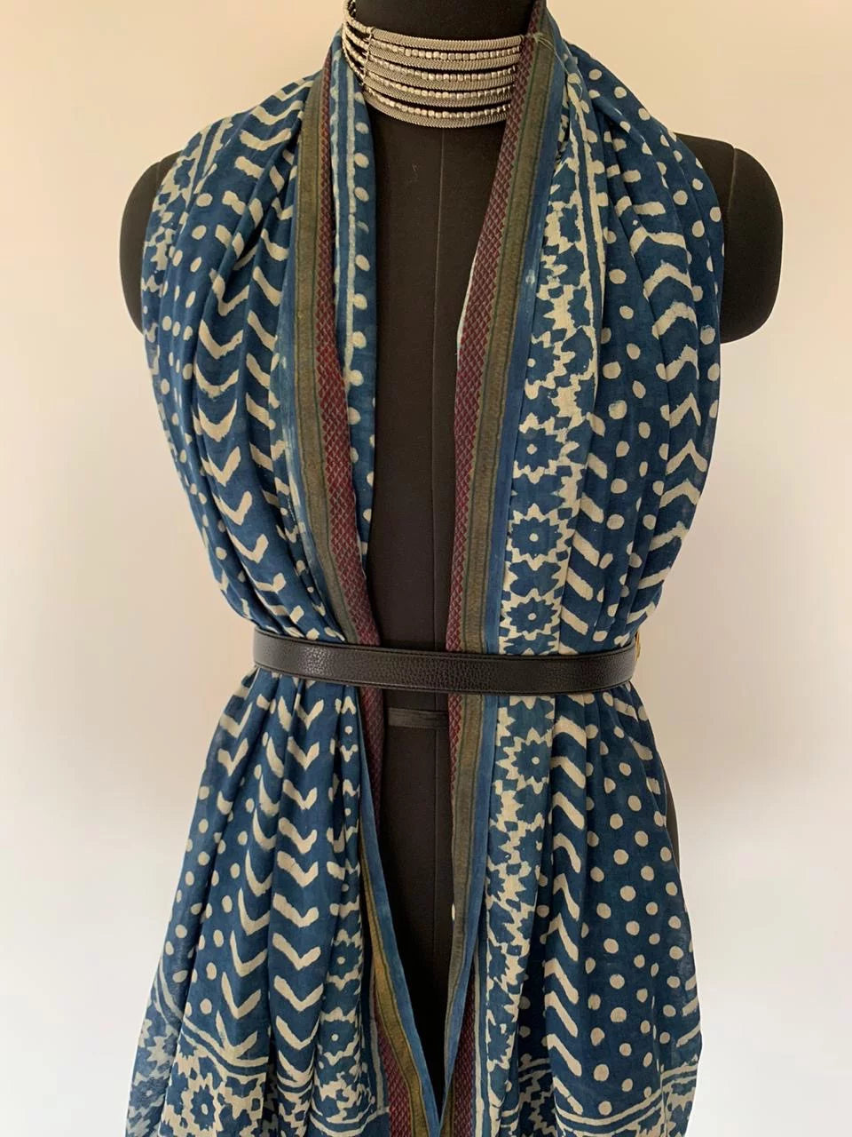 Indigo Geometric Print Cotton Stole with Zari Border