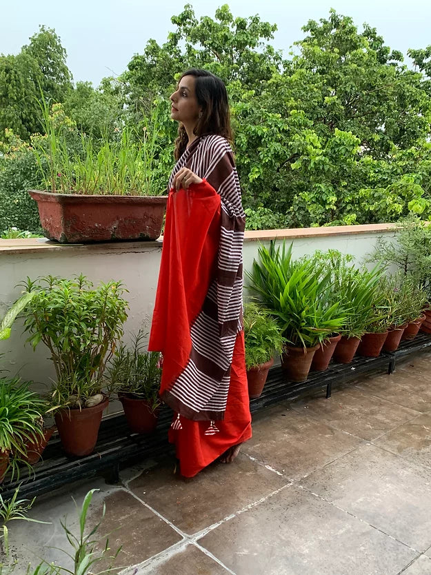 Red Stripe Mul Cotton Saree