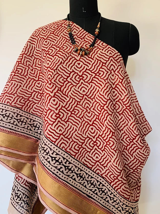 Rust Red Block Print Stole with Zari Border