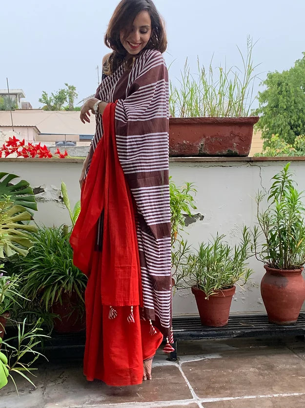 Red Stripe Mul Cotton Saree