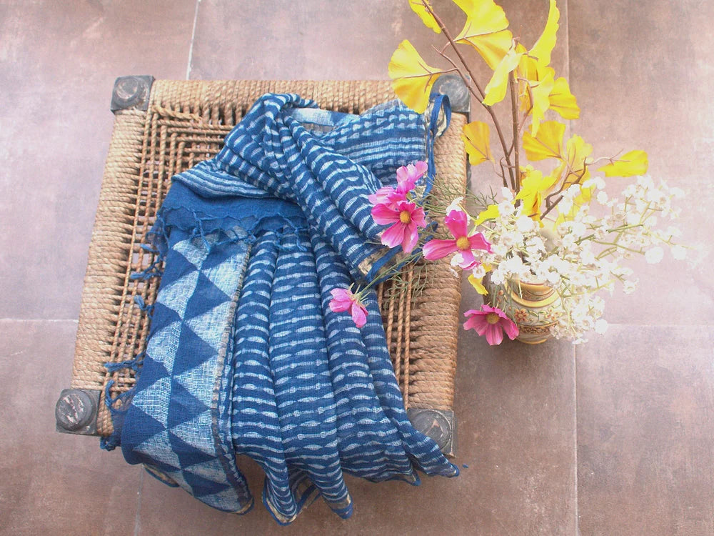 Indigo Geometric Block Print Kota Cotton Dupatta