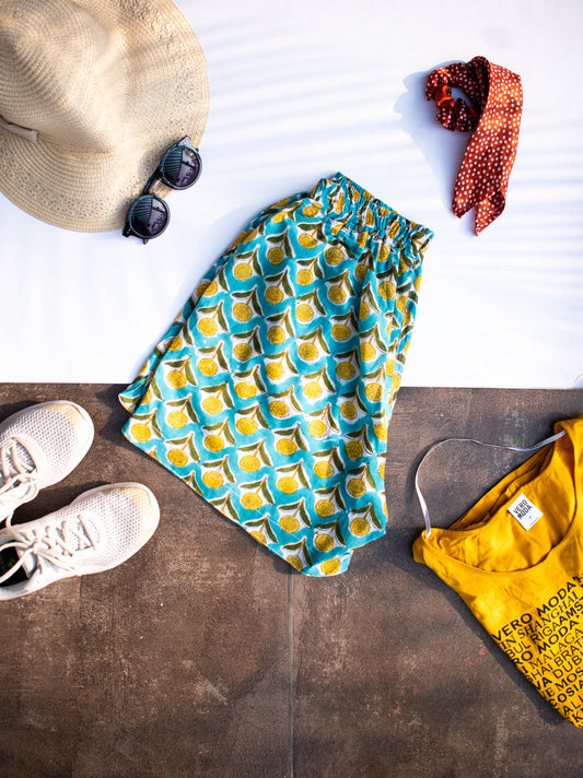 Teal BlockPrint Shorts