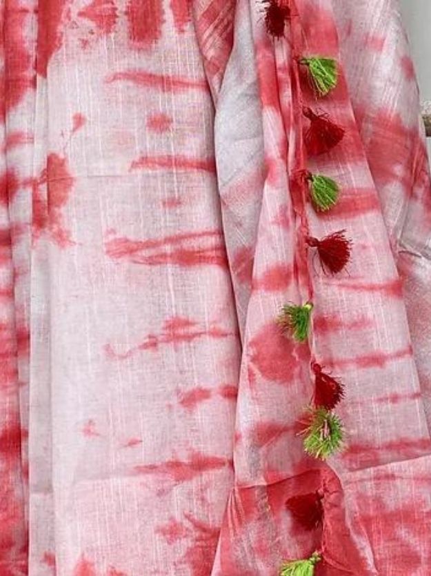 Red White Linen Shibori Saree