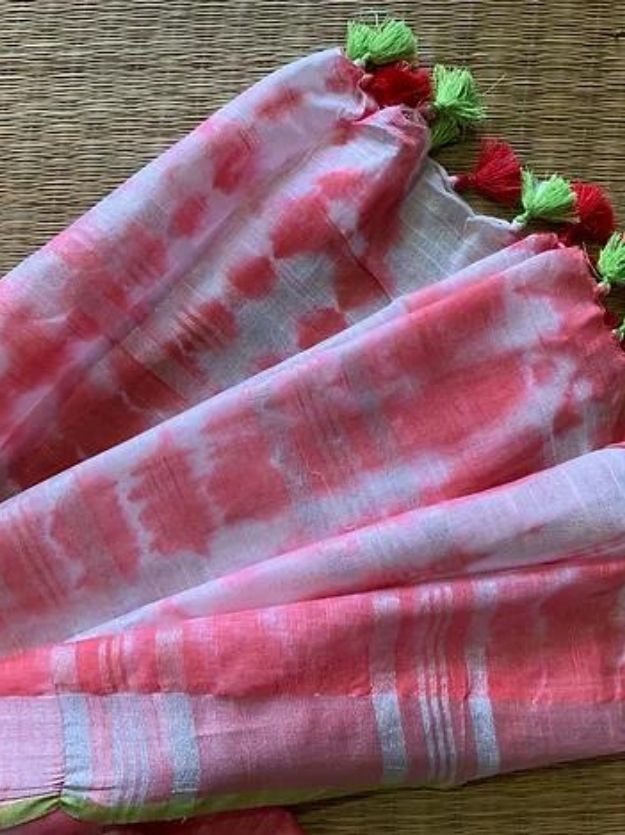 Red White Linen Shibori Saree