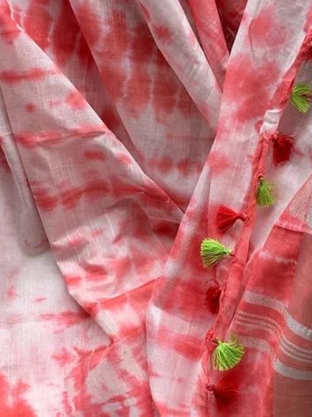 Red White Linen Shibori Saree