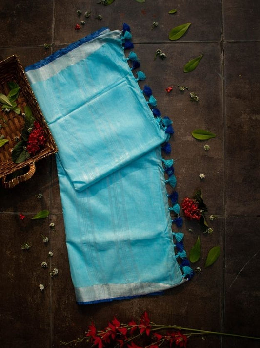 Sky Blue Handwoven Linen Saree