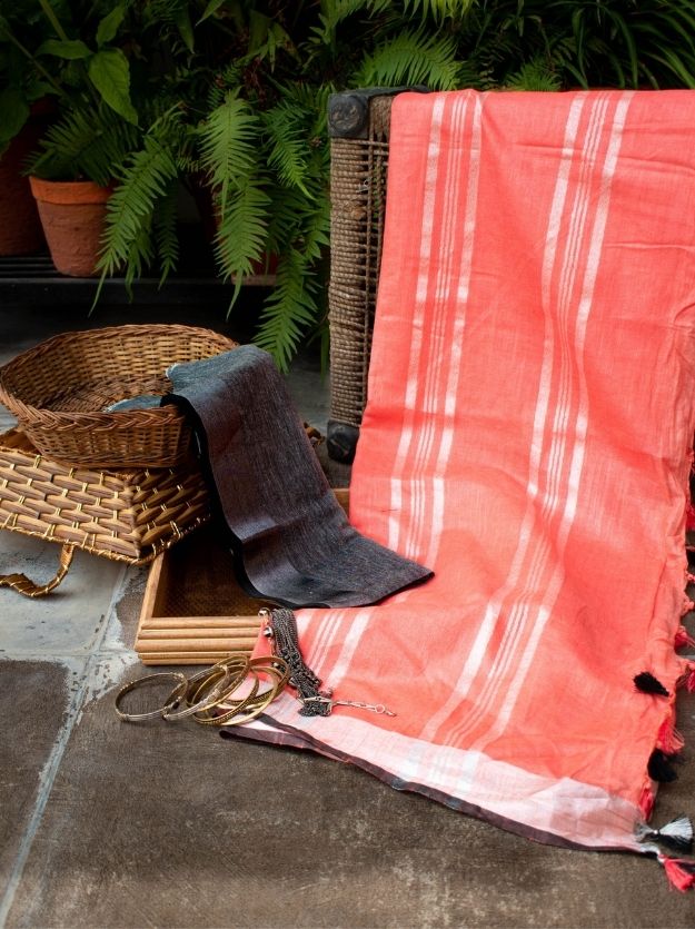 Tomato Orange Handwoven Linen Saree