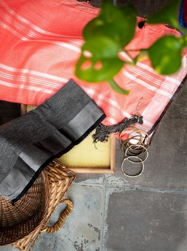 Tomato Orange Handwoven Linen Saree